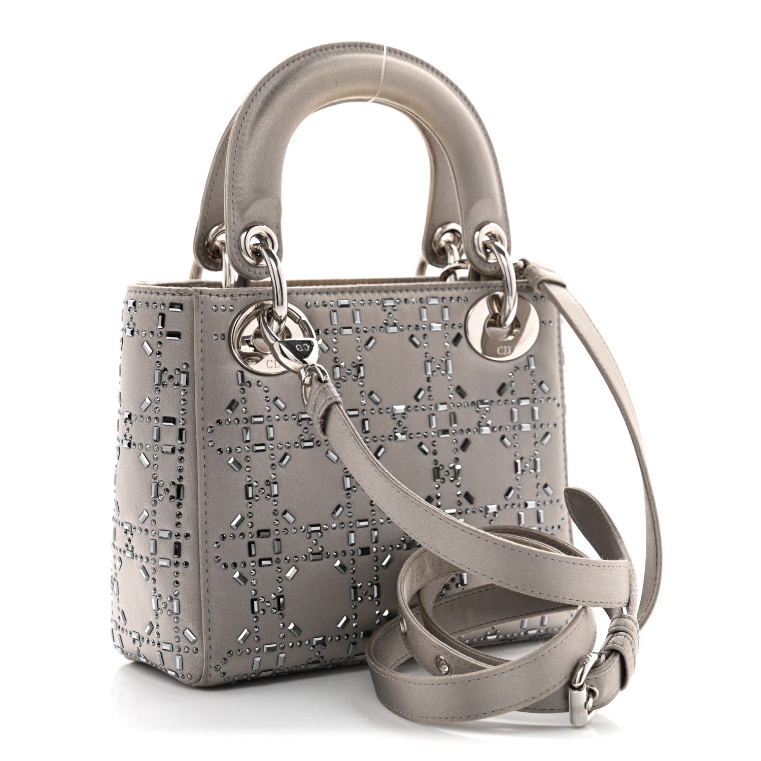 Satin Crystal Cannage Mini Lady Dior Gray