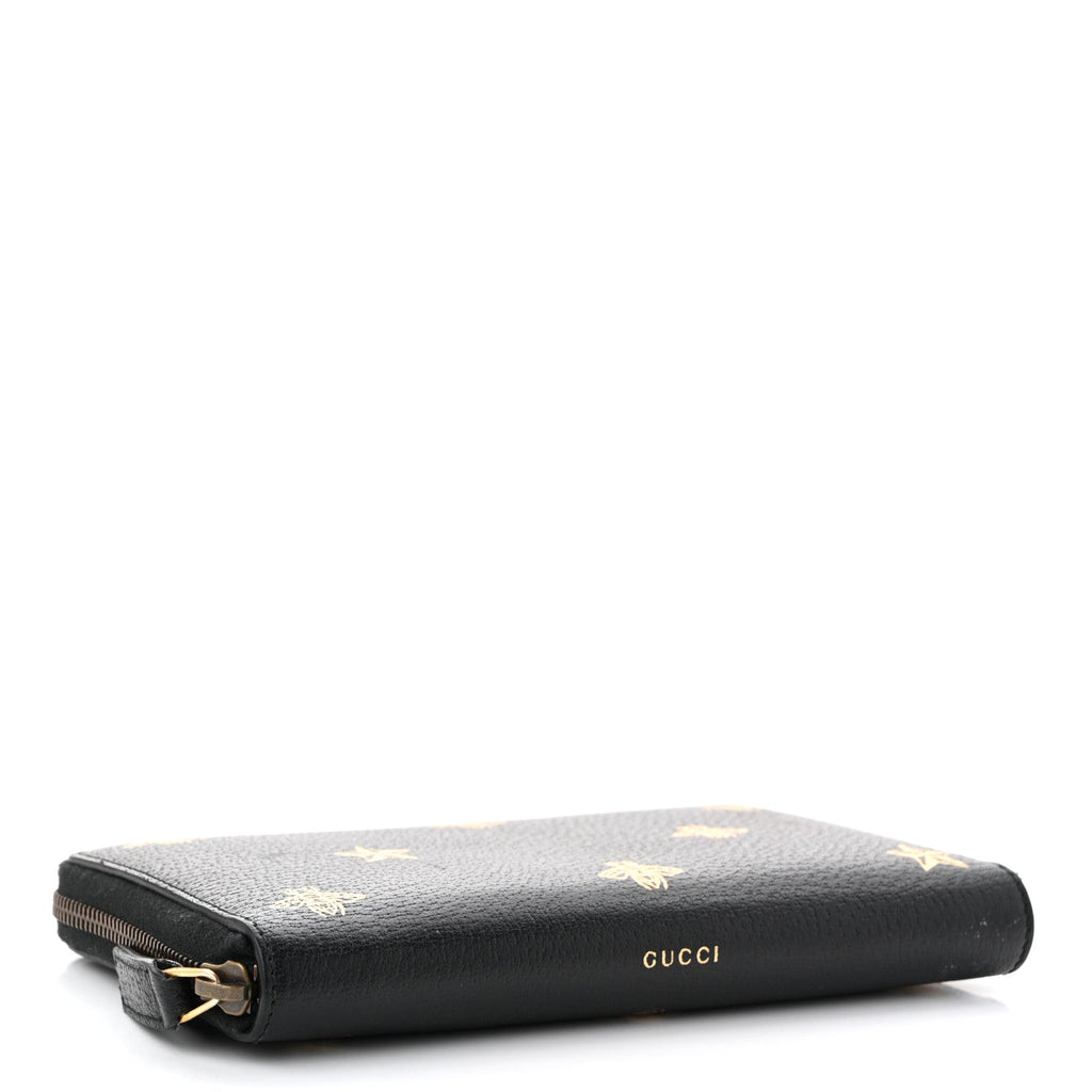 Dollar Calfskin Bee Star Zip Around Wallet Black
