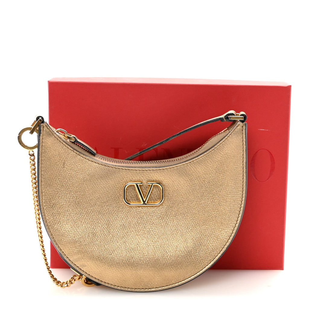 Metallic Grainy Calfskin Mini Vlogo Hobo Bag Gold