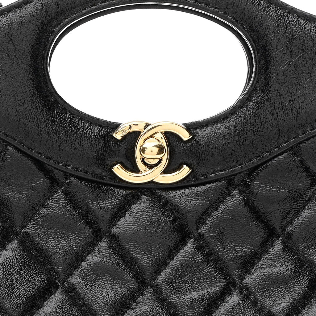 Shiny Crumpled Calfskin Quilted Mini 31 Shopping Bag Black