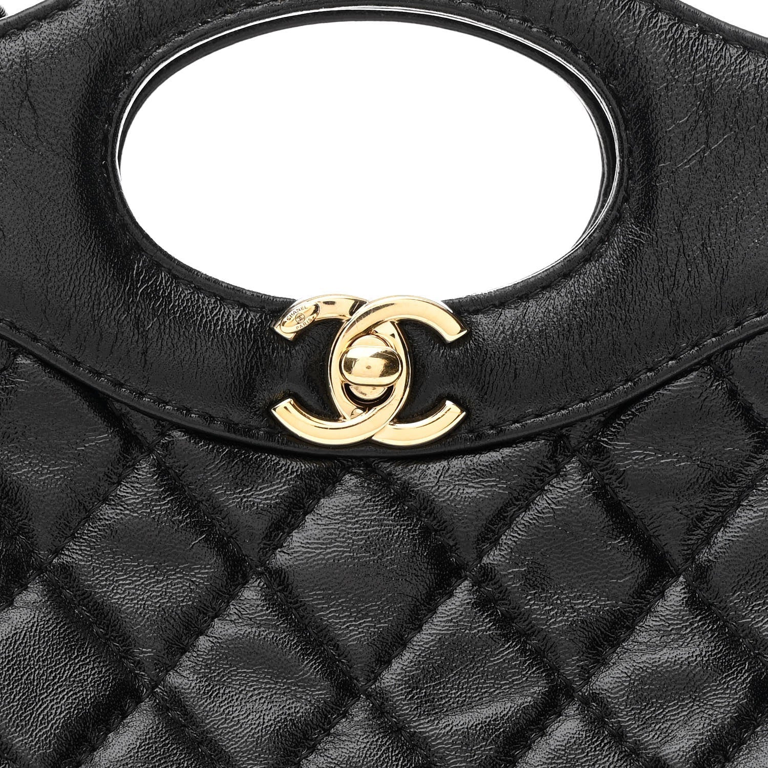Shiny Crumpled Calfskin Quilted Mini 31 Shopping Bag Black