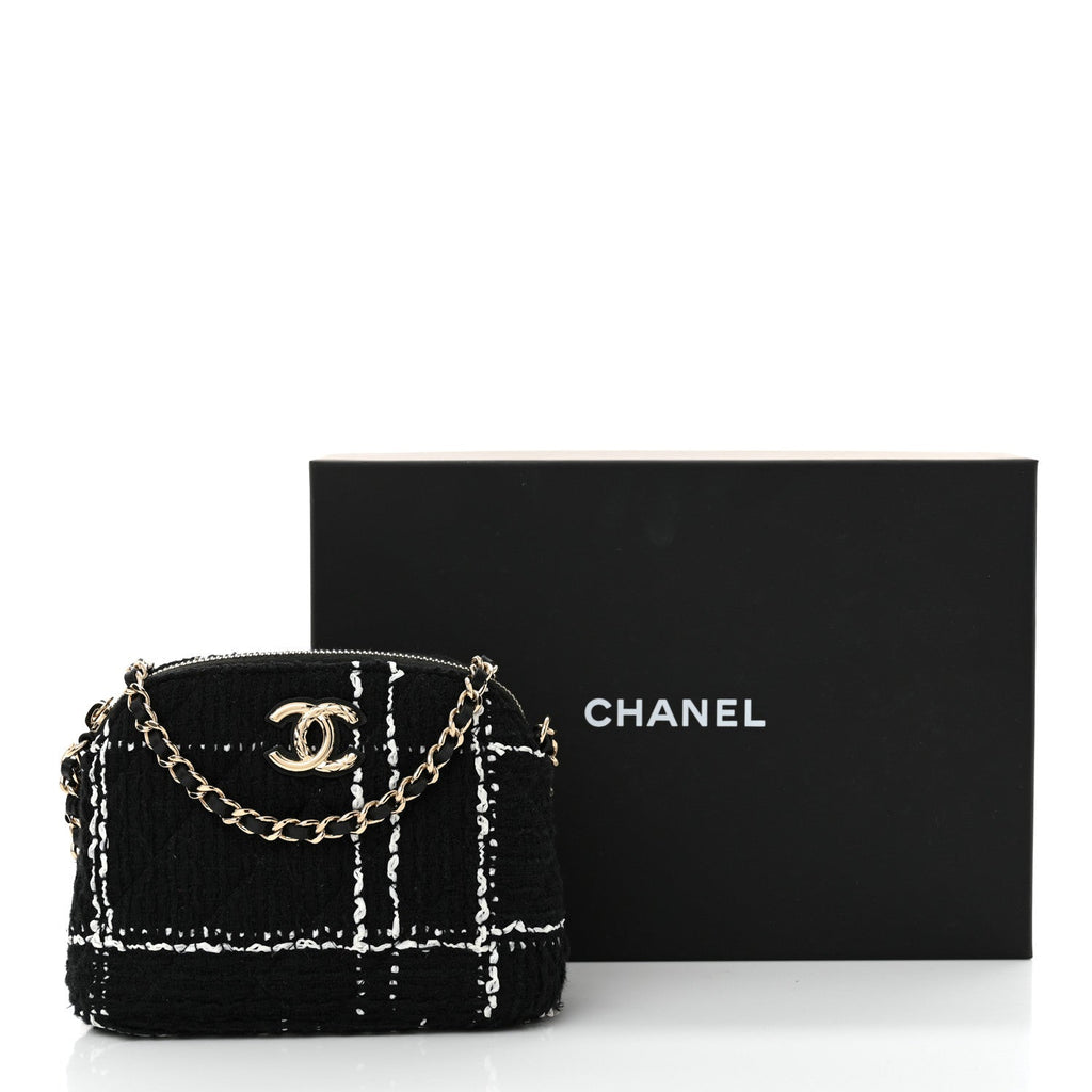 Tweed Quilted Mini Clutch With Chain Black White