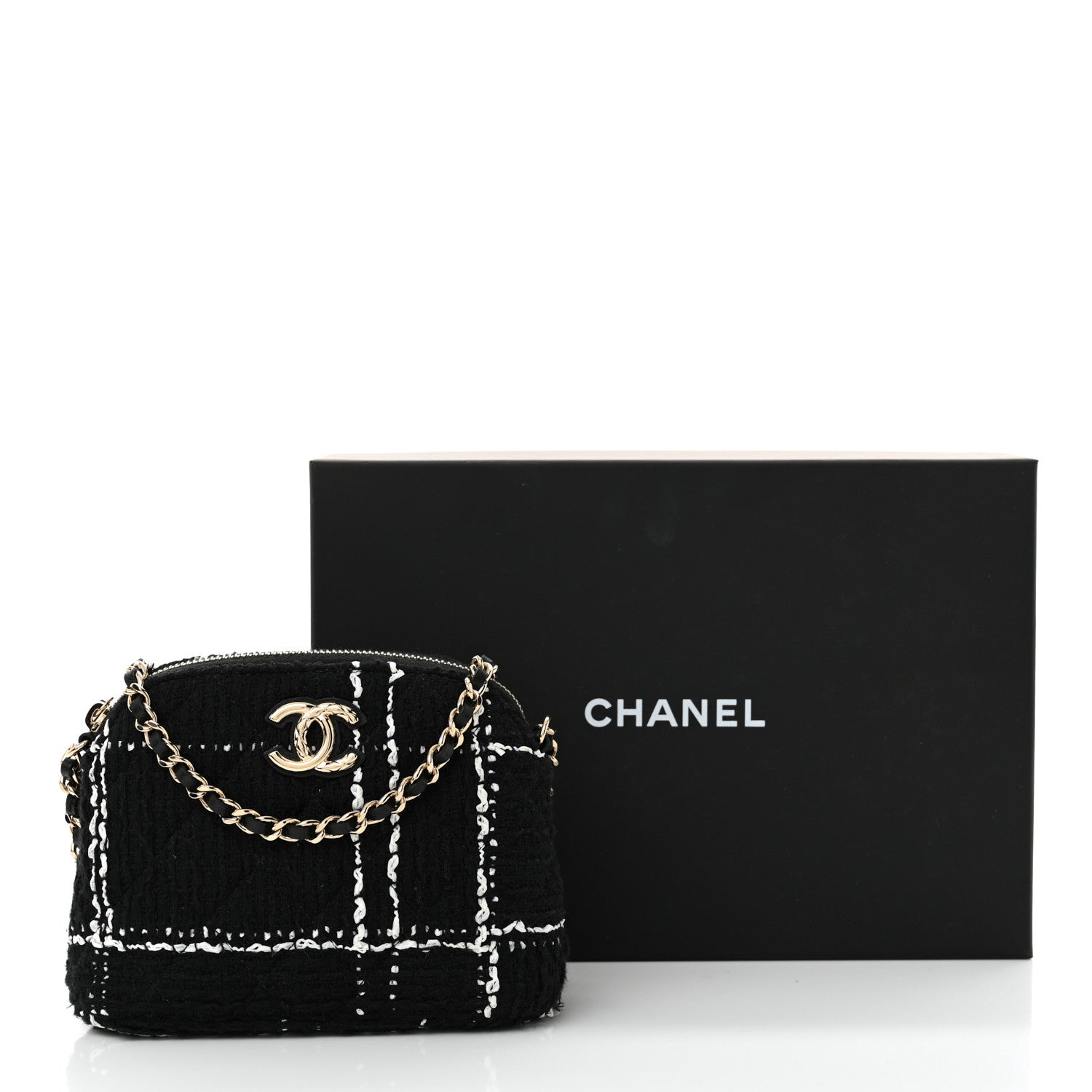 Tweed Quilted Mini Clutch With Chain Black White