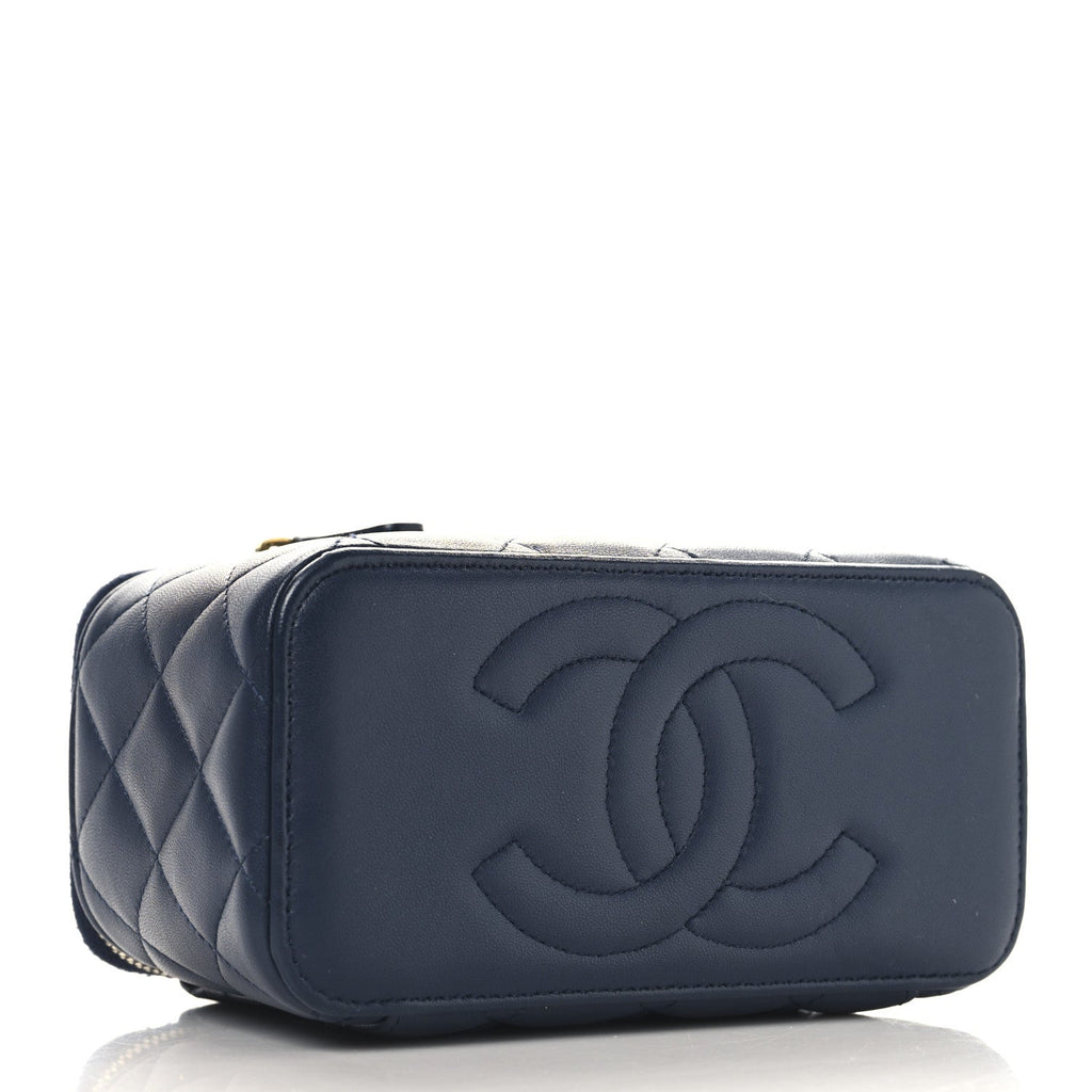 Lambskin Quilted Metal Small Top Handle Vanity Case With Chain Blue