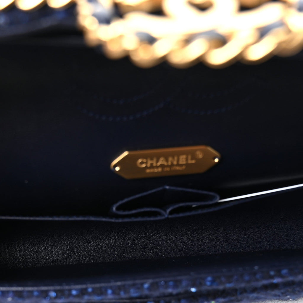 Tweed Sequin Timeless Classic Chained Double Flap Navy Blue