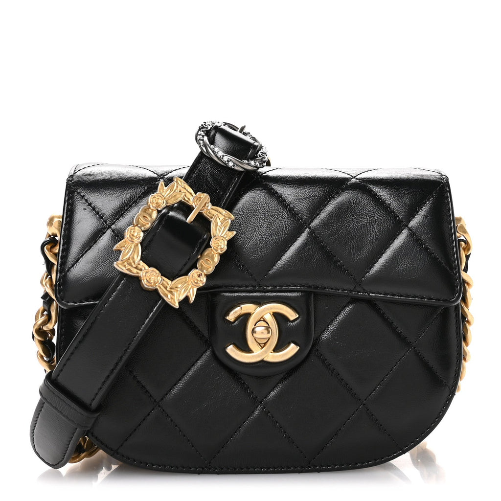 Shiny Calfskin Quilted Buckle Moon Messenger Black