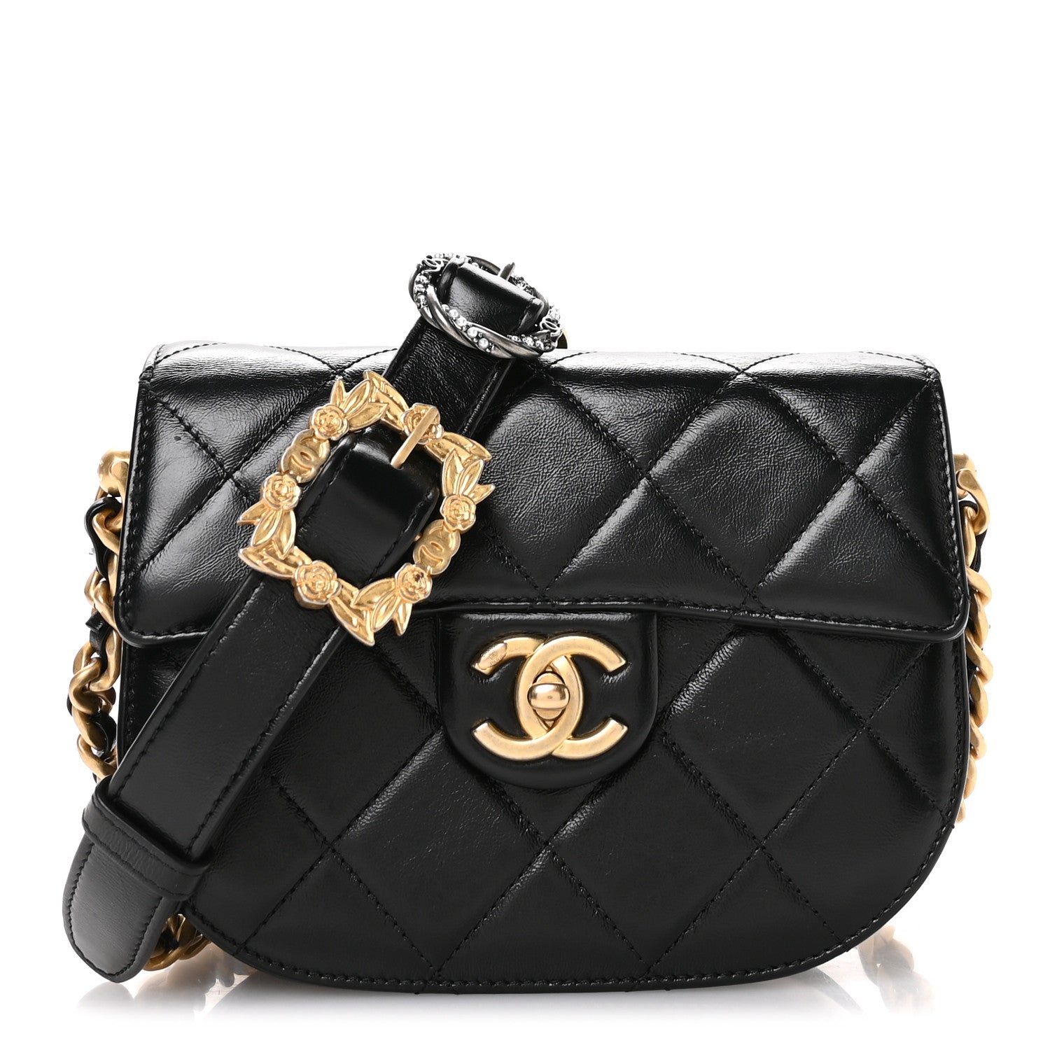Shiny Calfskin Quilted Buckle Moon Messenger Black