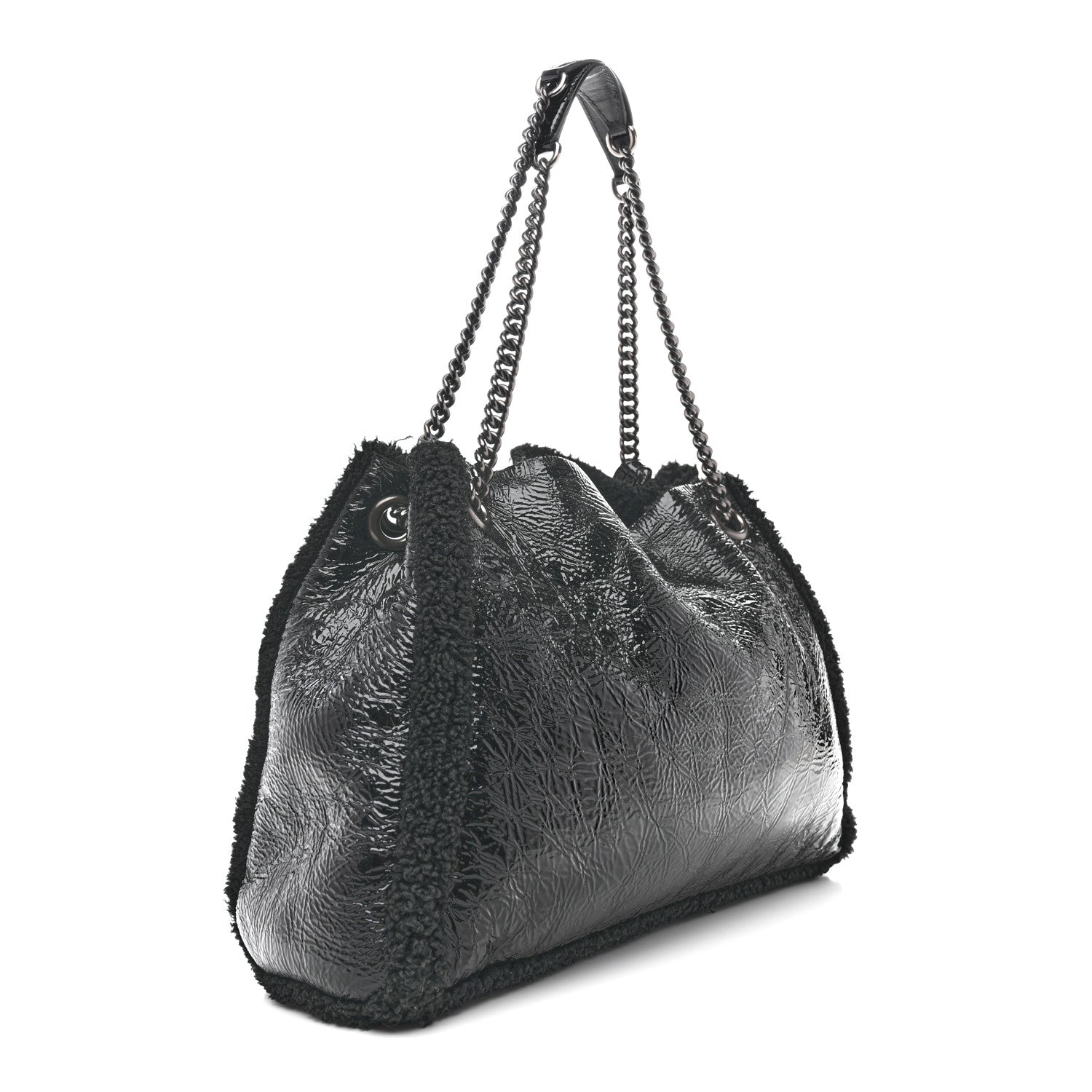 Patent Shearling Medium Soho Chain Shoulder Bag Black