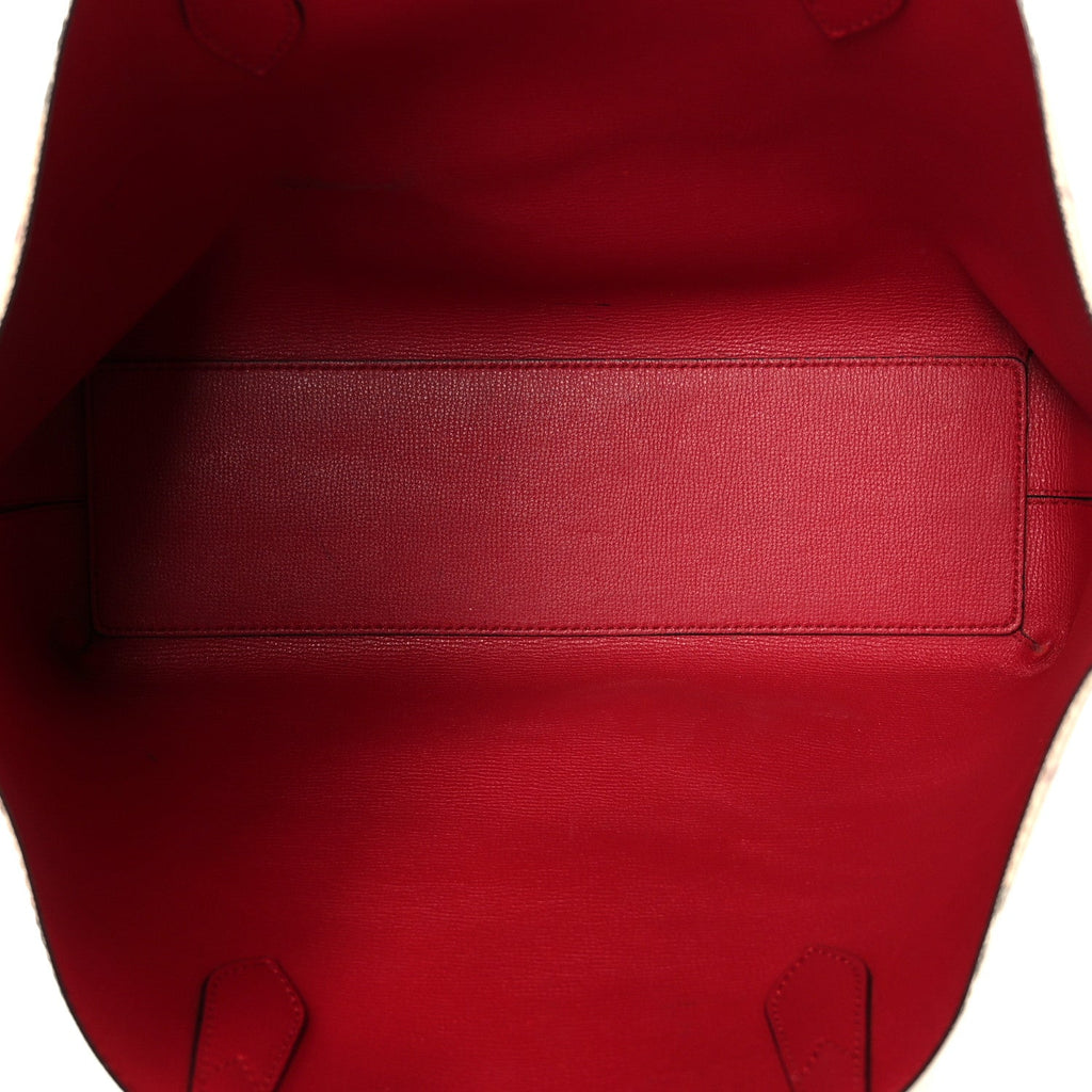 Grainy Calfskin Haymarket Check Medium Reversible Tote Red