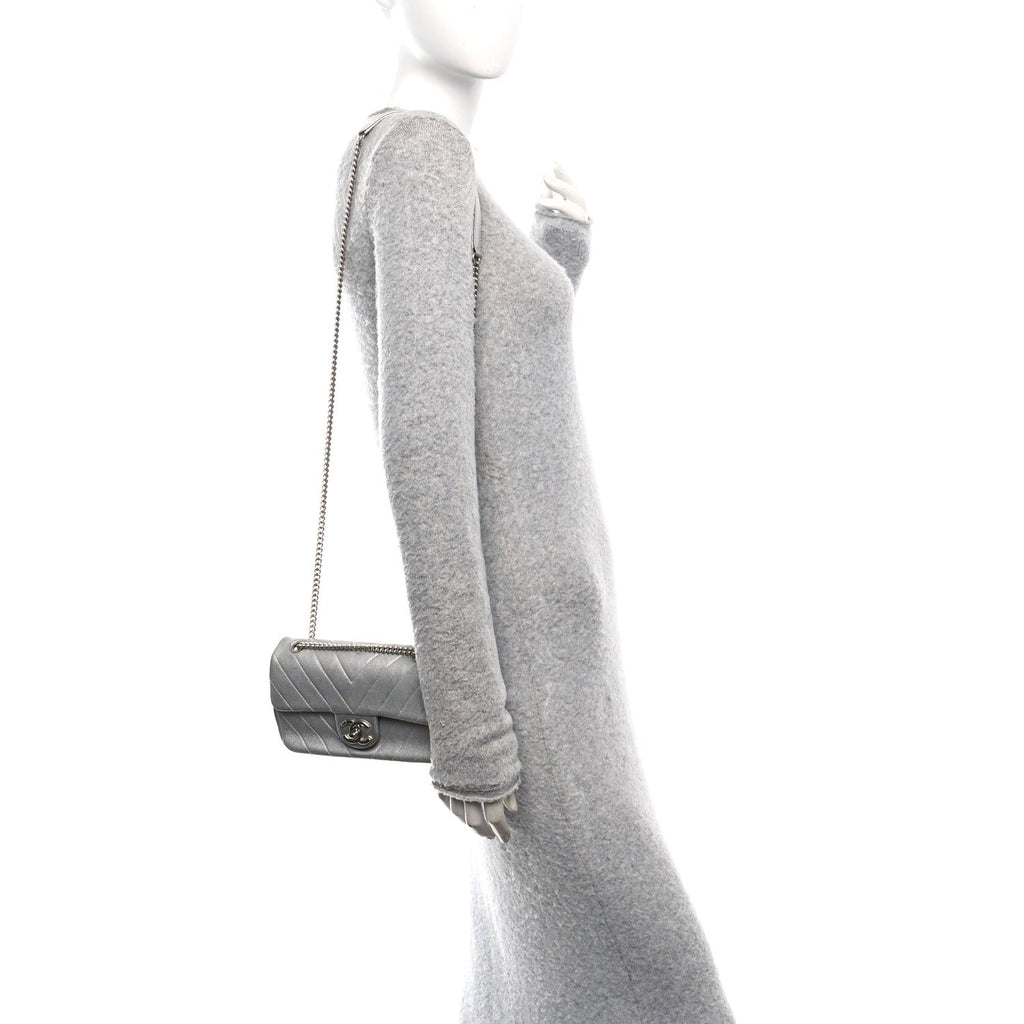 Metallic Lambskin Chevron Quilted Mini Rectangular Flap Silver