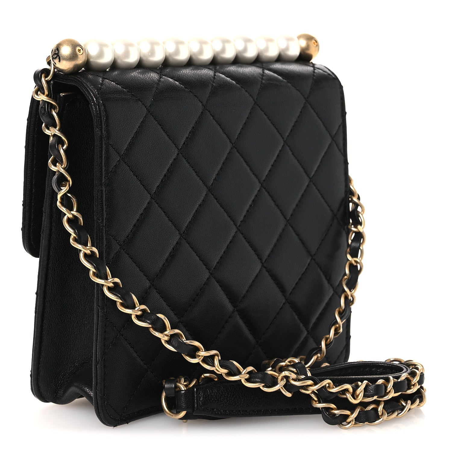 Goatskin Quilted Chic Pearls Flap Black
