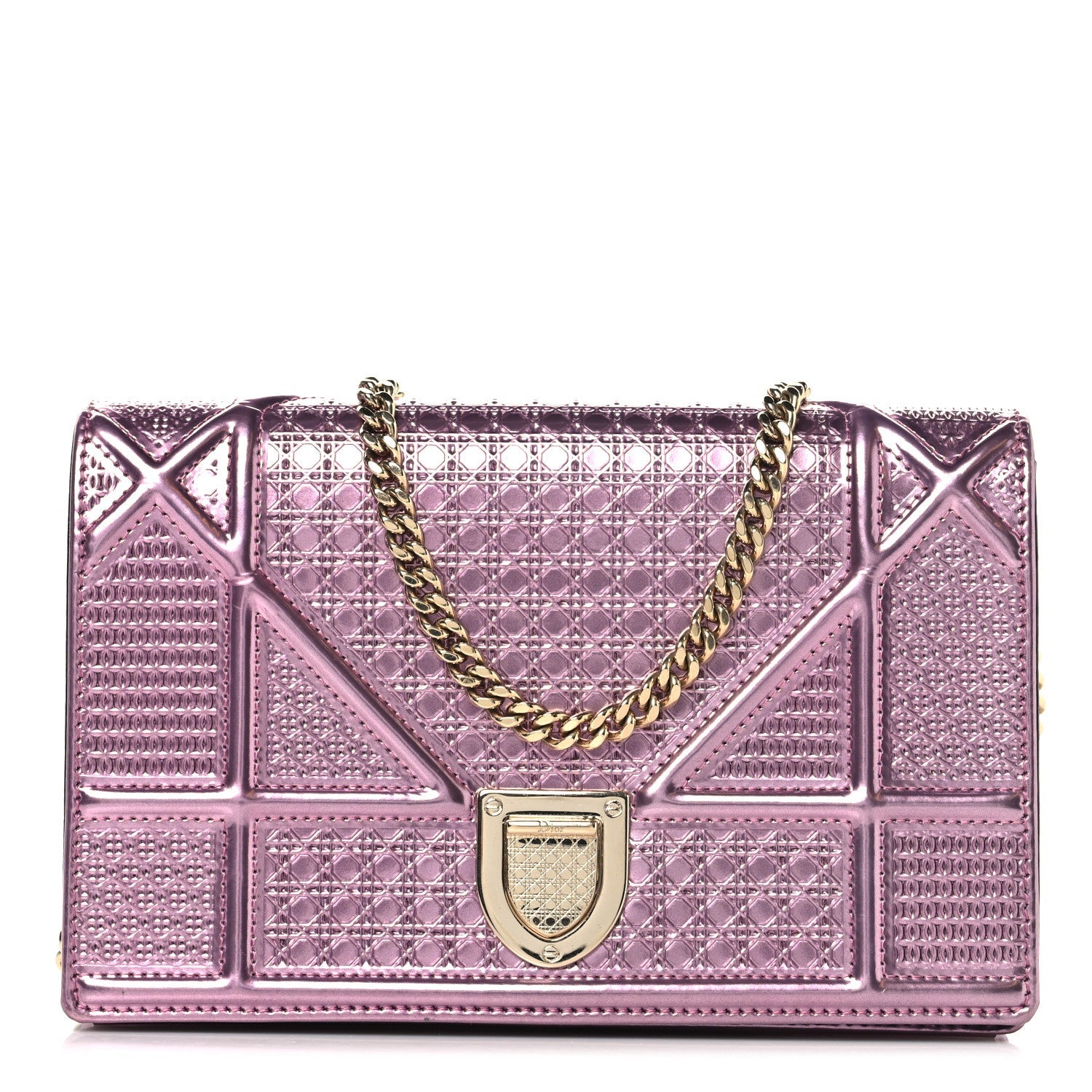 Metallic Patent Micro-Cannage Diorama Wallet on Chain Pouch Pink