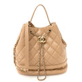 Caviar Quilted Large Rolled Up Bucket Drawstring Bag Beige