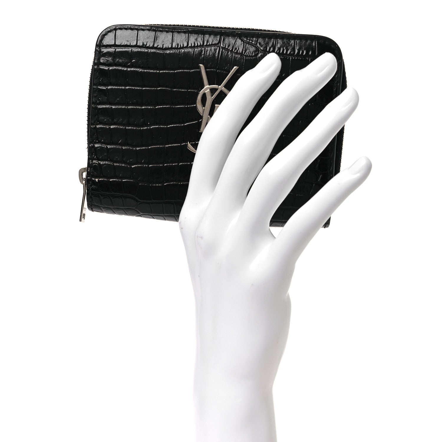 Calfskin Crocodile Embossed Monogram Compact Wallet Black
