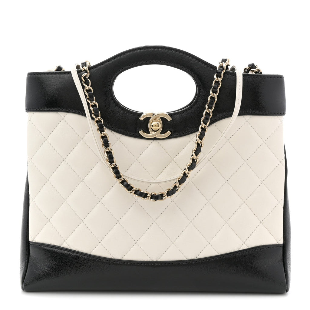 Patent Calfskin Quilted Mini 31 Shopping Bag White Black