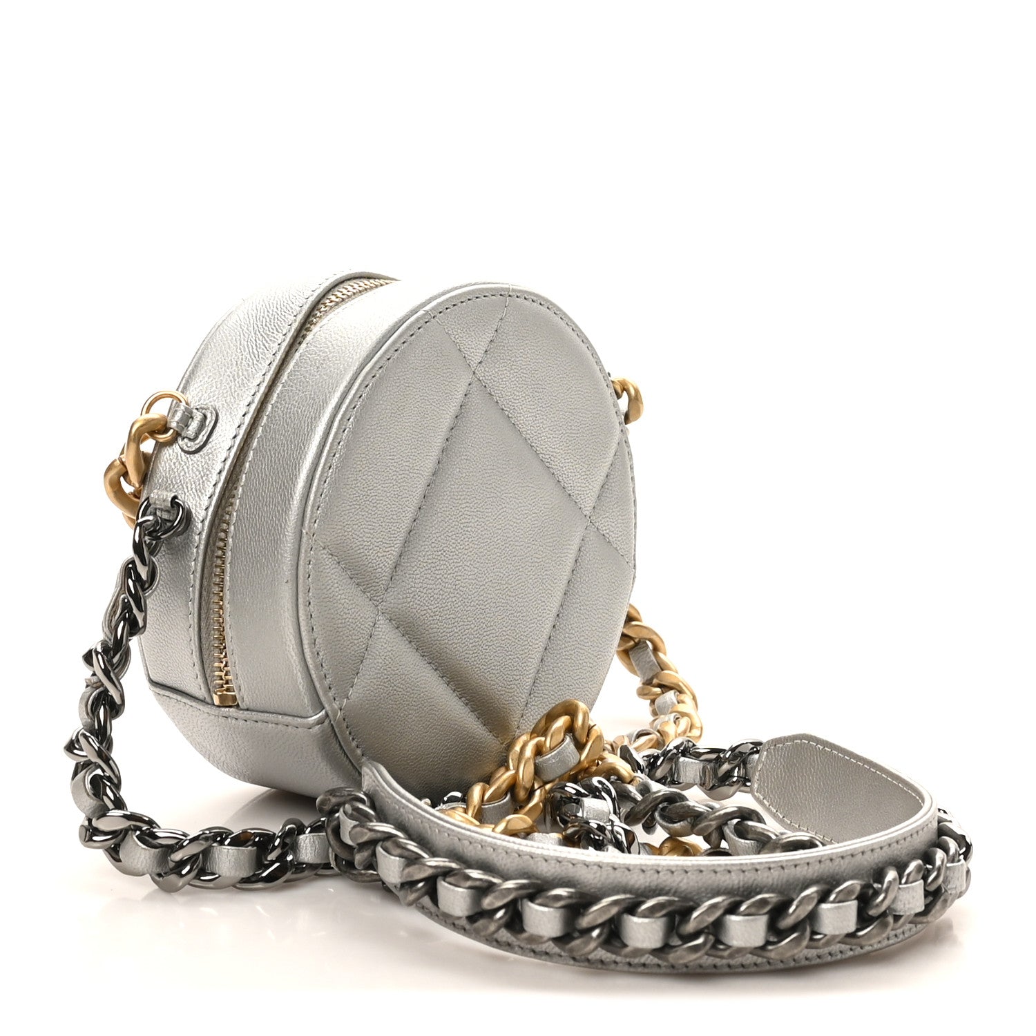 Metallic Lambskin Quilted Chanel 19 Round Clutch With Chain Silver
