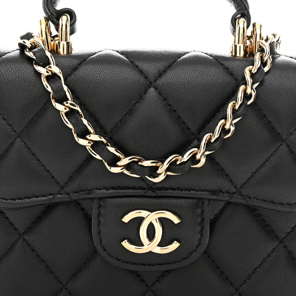 Lambskin Quilted Top Handle Flap Coin Purse With Chain Black