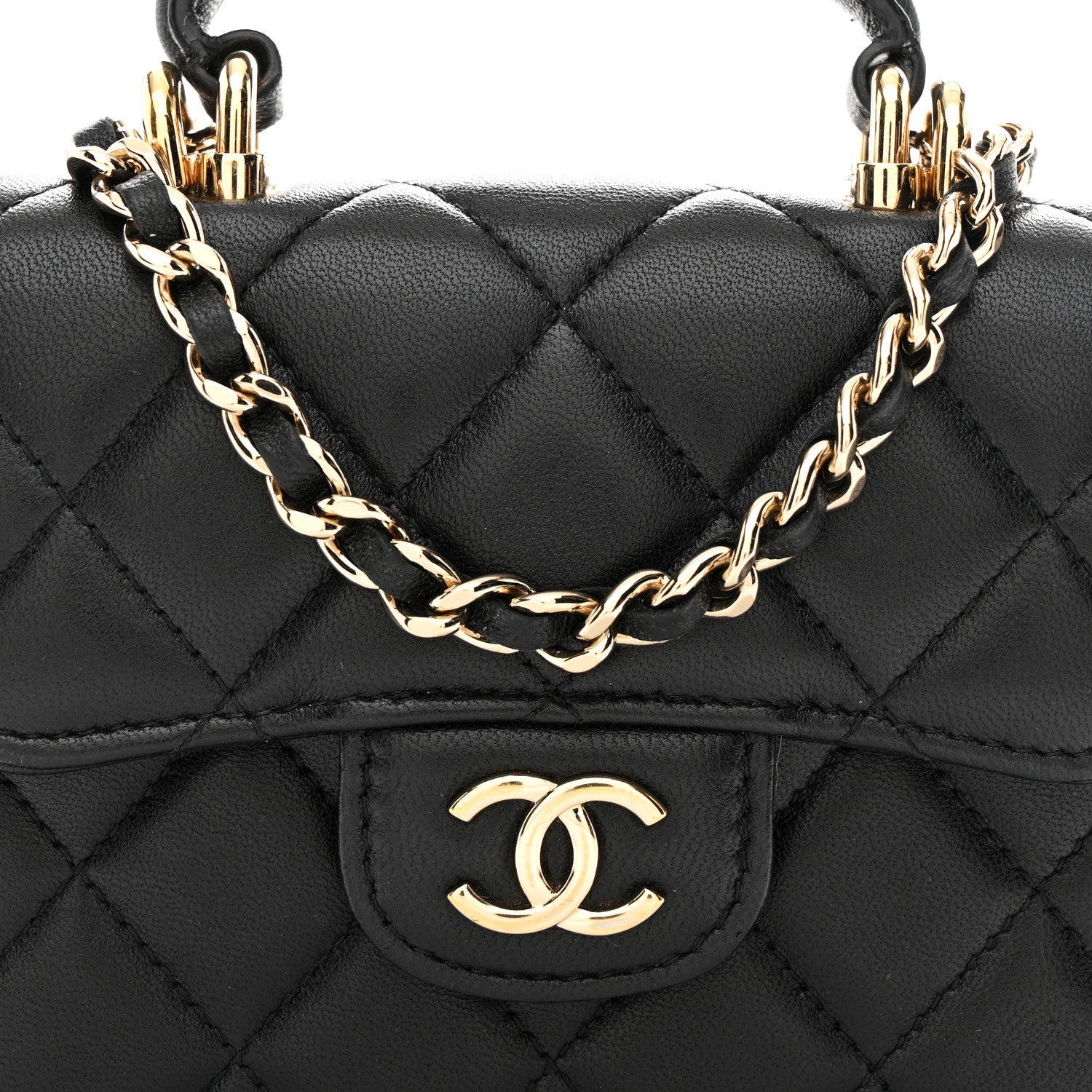 Lambskin Quilted Top Handle Flap Coin Purse With Chain Black