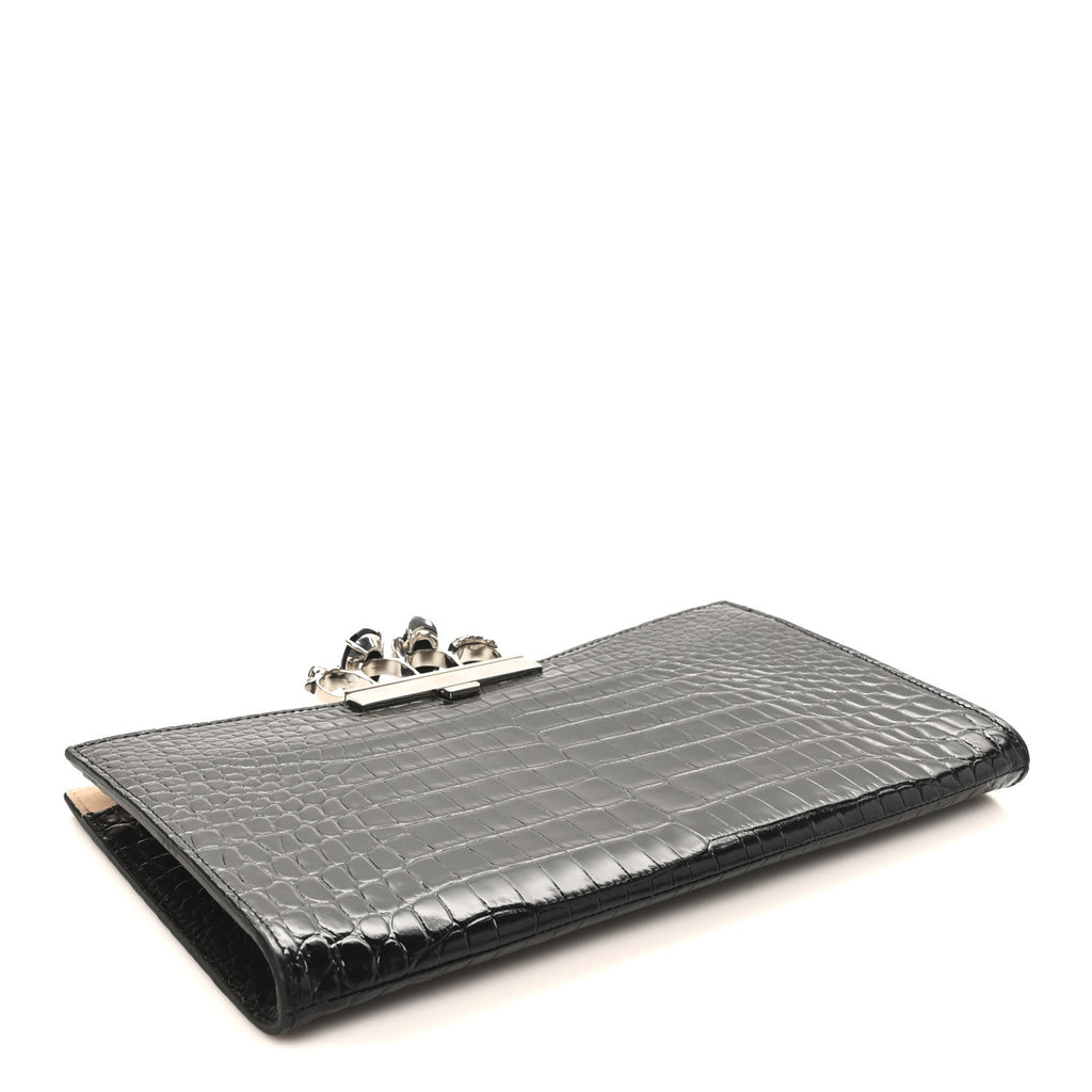Calfskin Crocodile Embossed Knuckle Flat Clutch Black