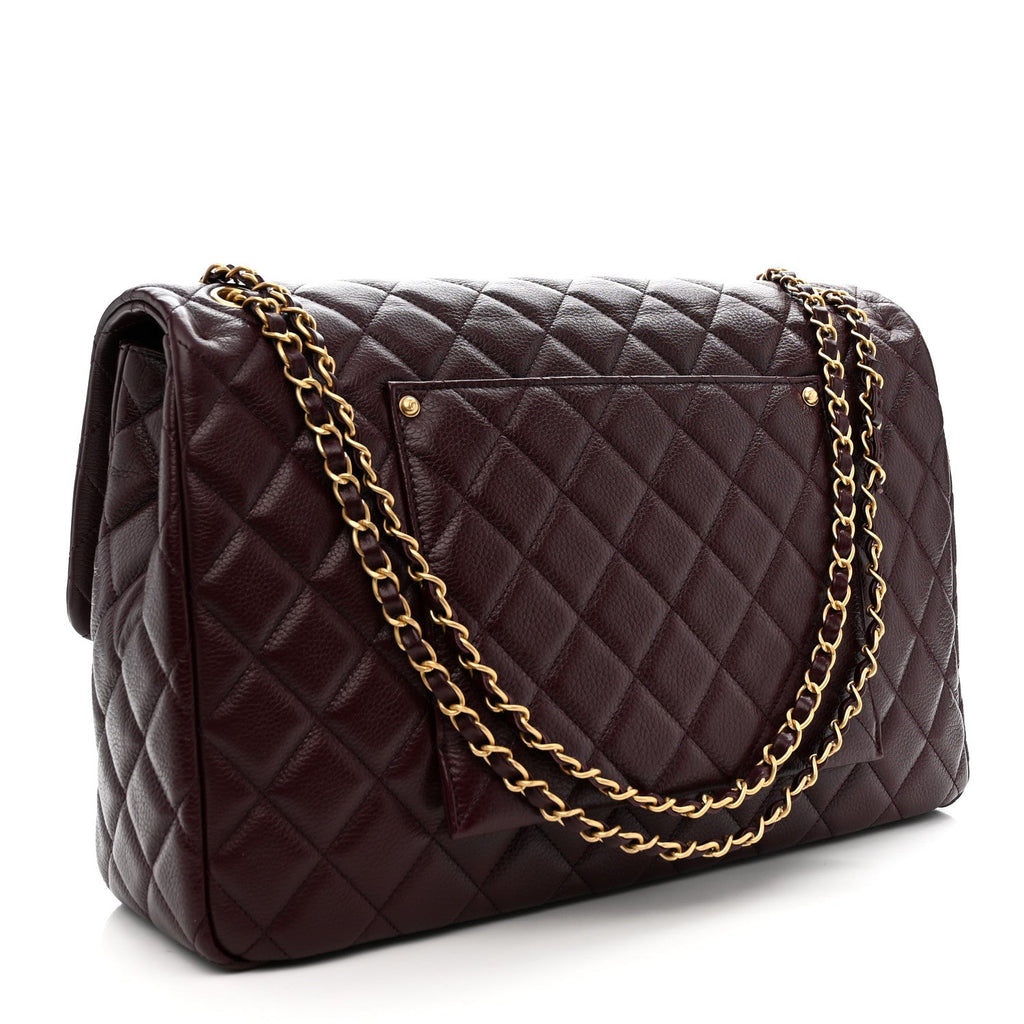 Grained Calfskin Quilted XXL Travel Flap Bag Burgundy