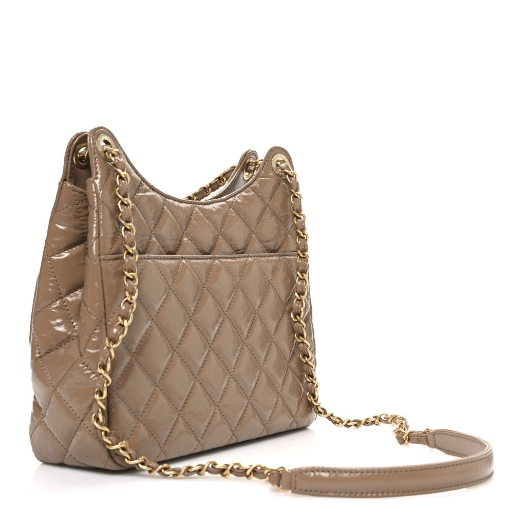 Shiny Crumpled Calfskin Quilted Wavy CC Hobo  Dark Beige