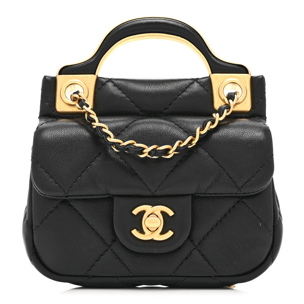 Calfskin Quilted Lady Handle Flap  Holder With Chain Black