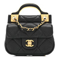 Calfskin Quilted Lady Handle Flap  Holder With Chain Black