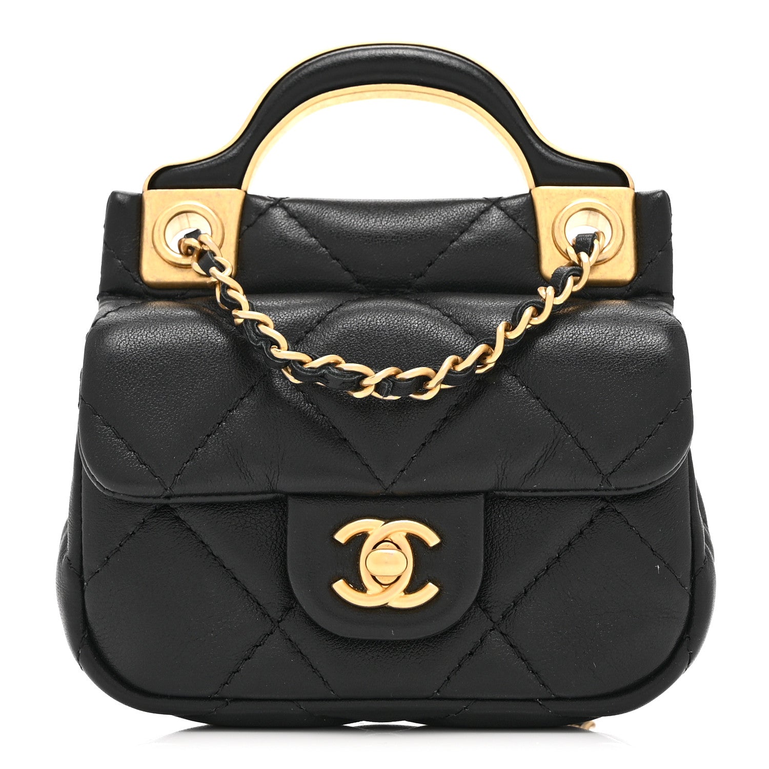 Calfskin Quilted Lady Handle Flap  Holder With Chain Black