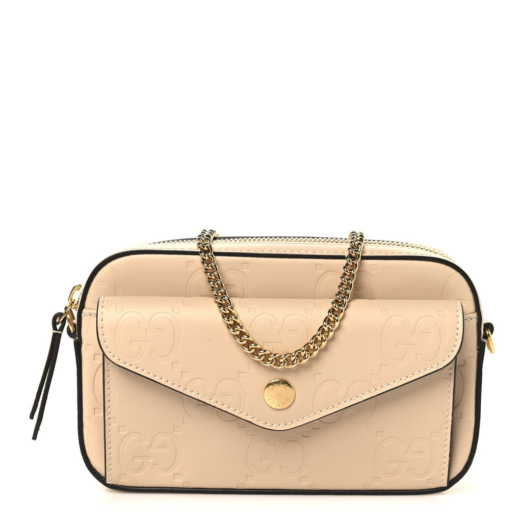 Calfskin GG Super Mini Debossed Chain Wallet Light Beige