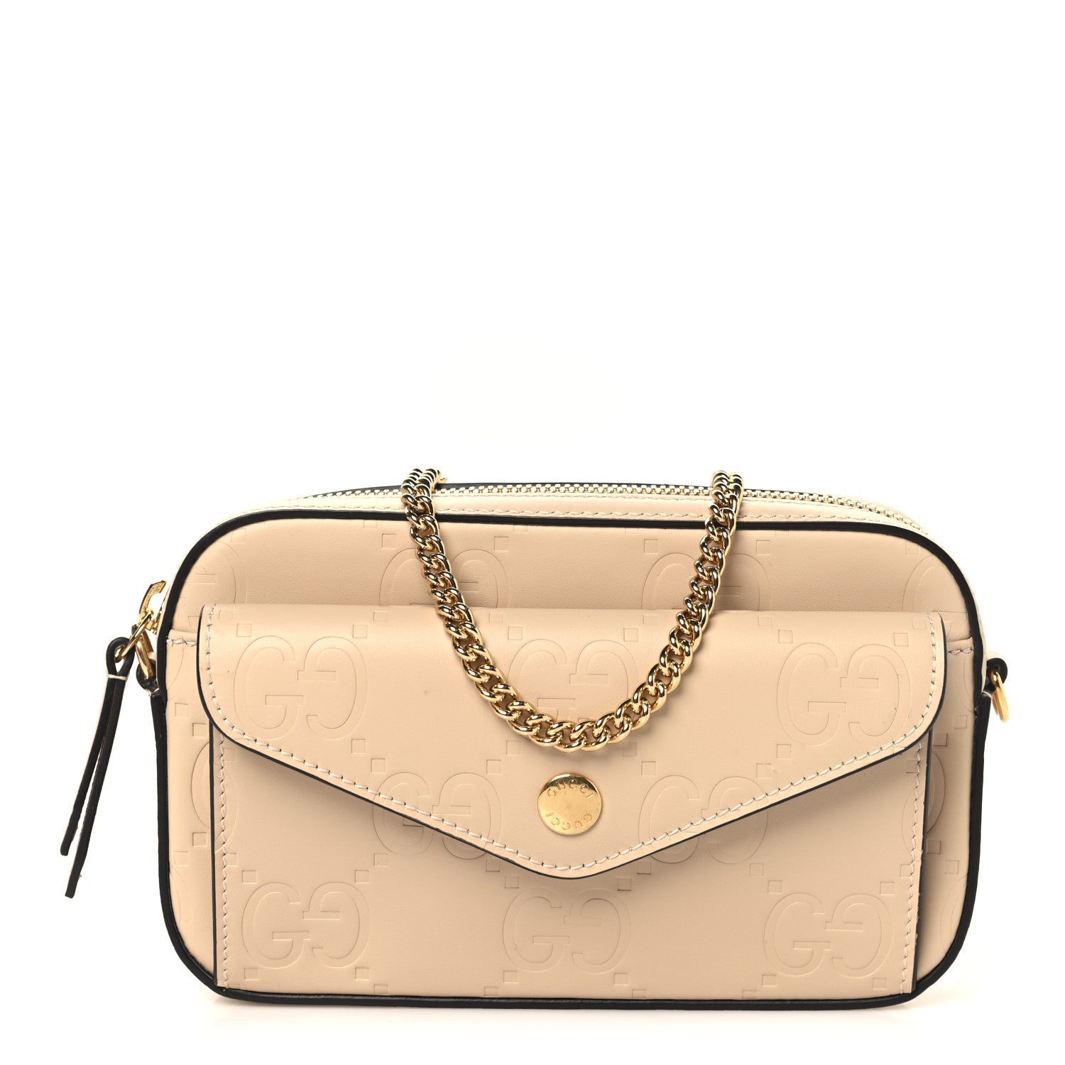 Calfskin GG Super Mini Debossed Chain Wallet Light Beige