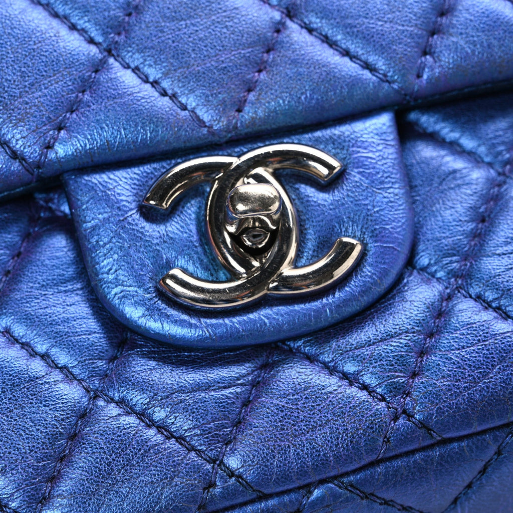 Metallic Lambskin Quilted Medium Double Flap Turquoise