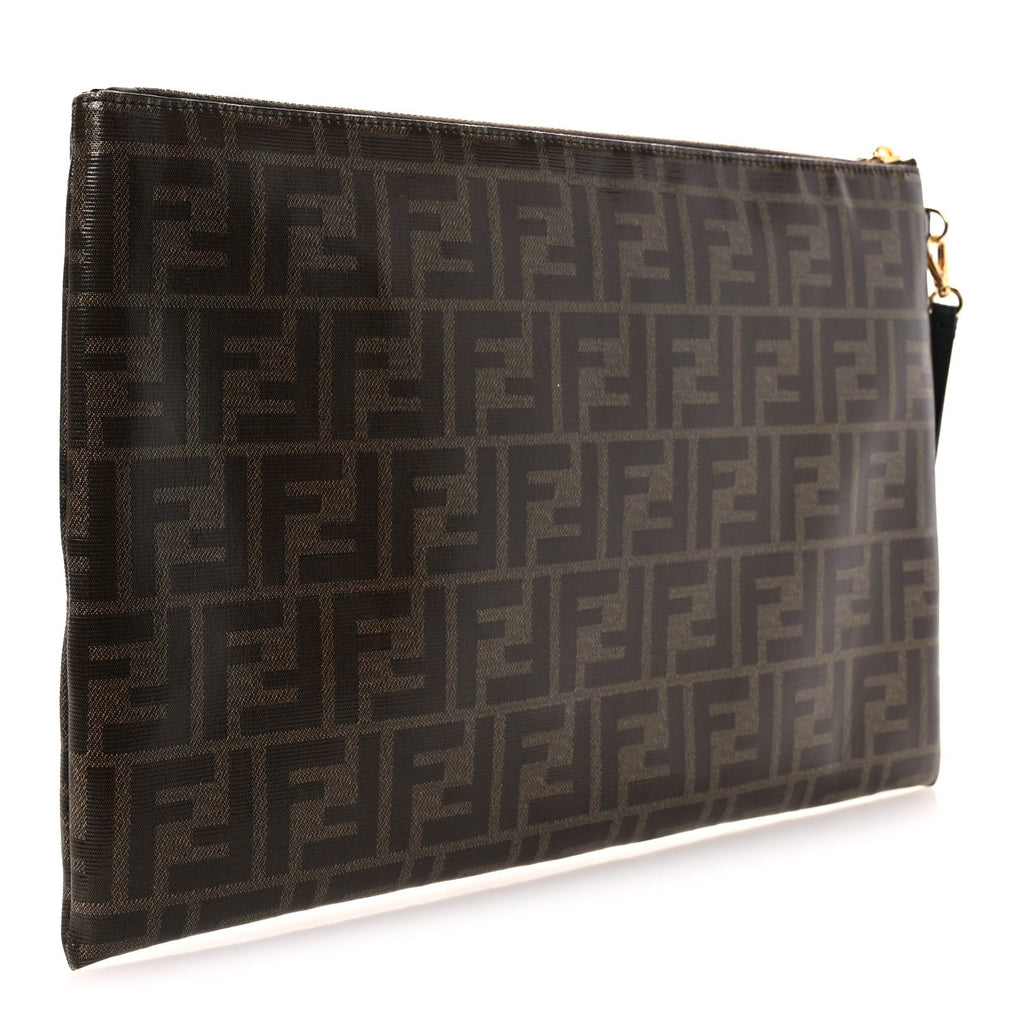 Glazed Fabric Vitello Century FF 1974 Stamp Patch Large Flat Pouch Mogano Panna Black