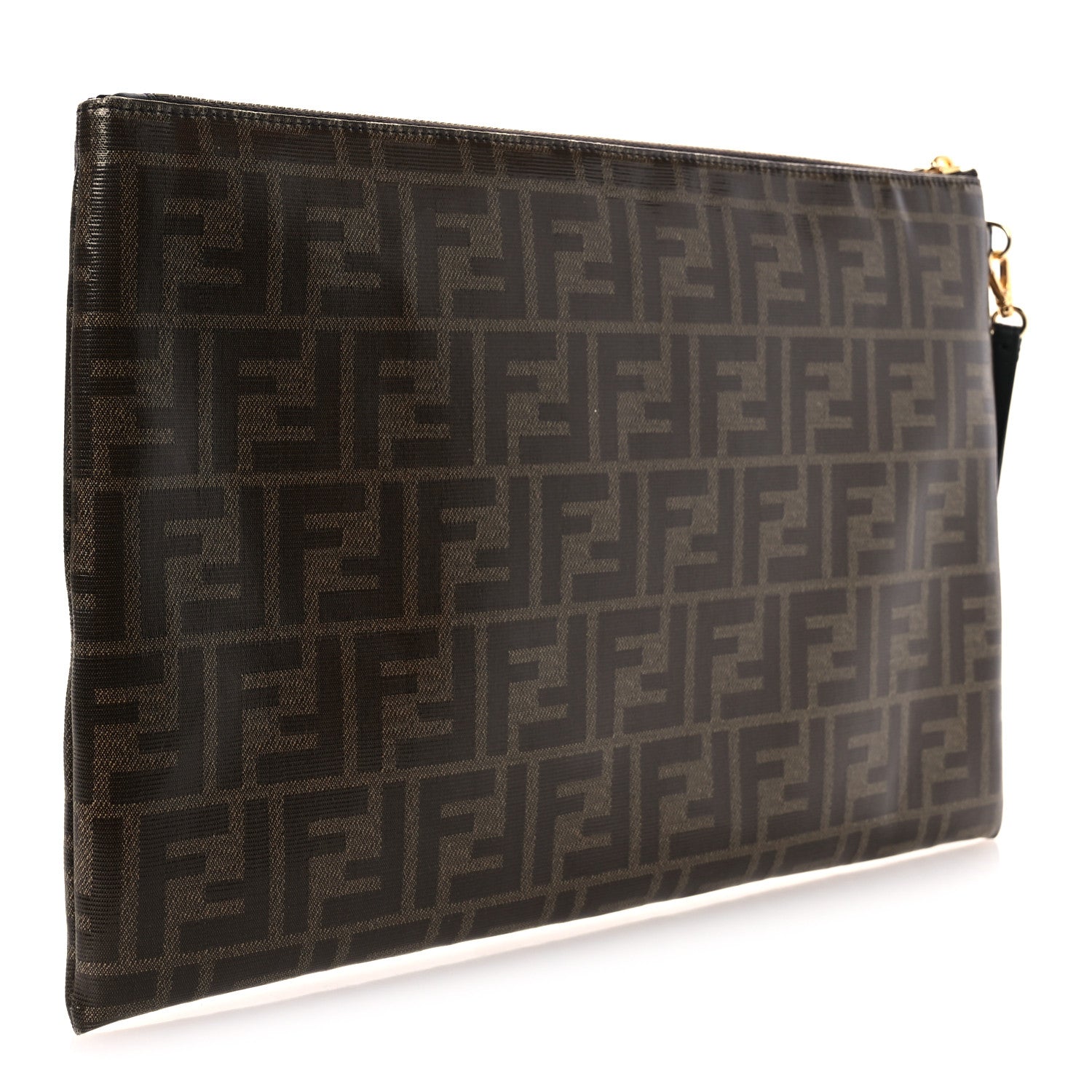 Glazed Fabric Vitello Century FF 1974 Stamp Patch Large Flat Pouch Mogano Panna Black