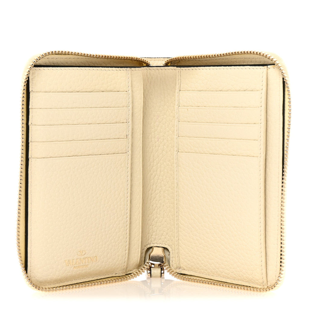 Pebbled Calfskin Rockstud Compact Zip Around Wallet Light Ivory