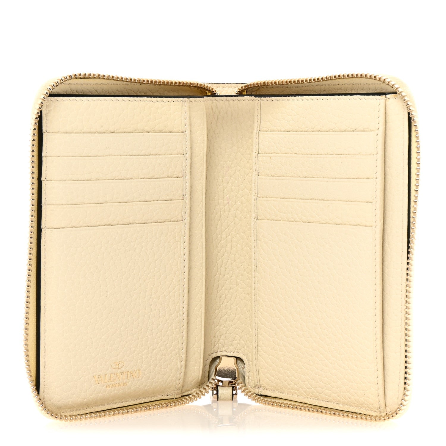 Pebbled Calfskin Rockstud Compact Zip Around Wallet Light Ivory