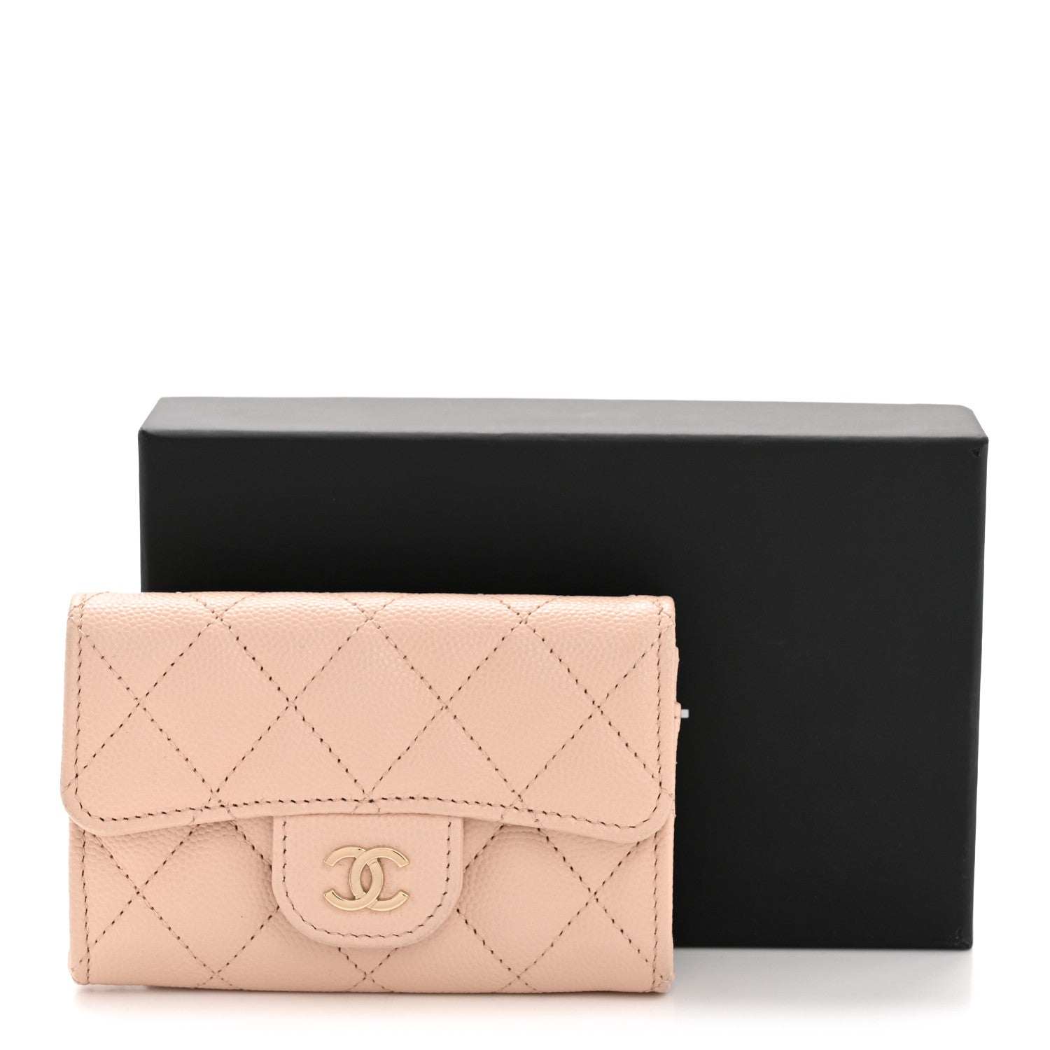 Caviar Quilted Flap  Holder Wallet Light Beige