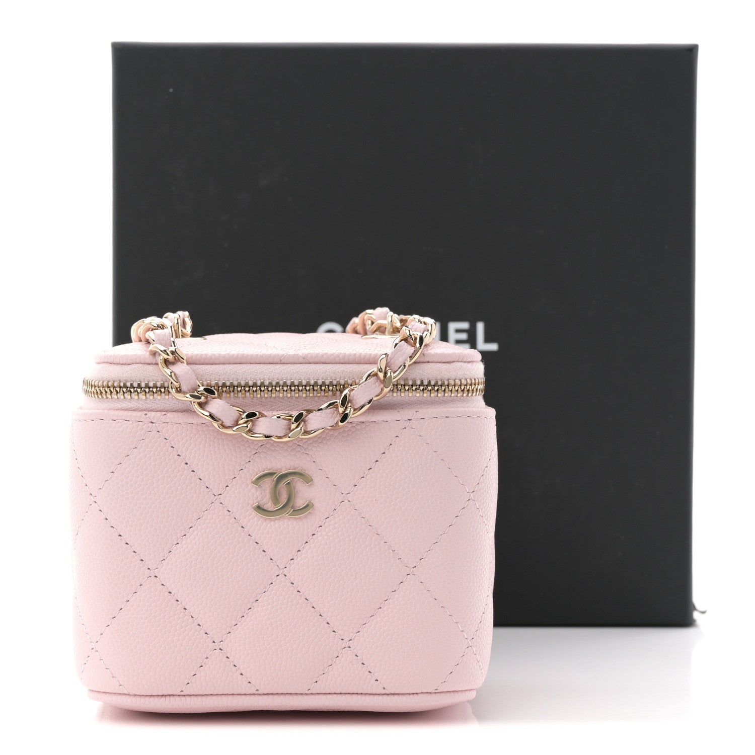 Caviar Quilted Mini Vanity Case With Chain Light Pink