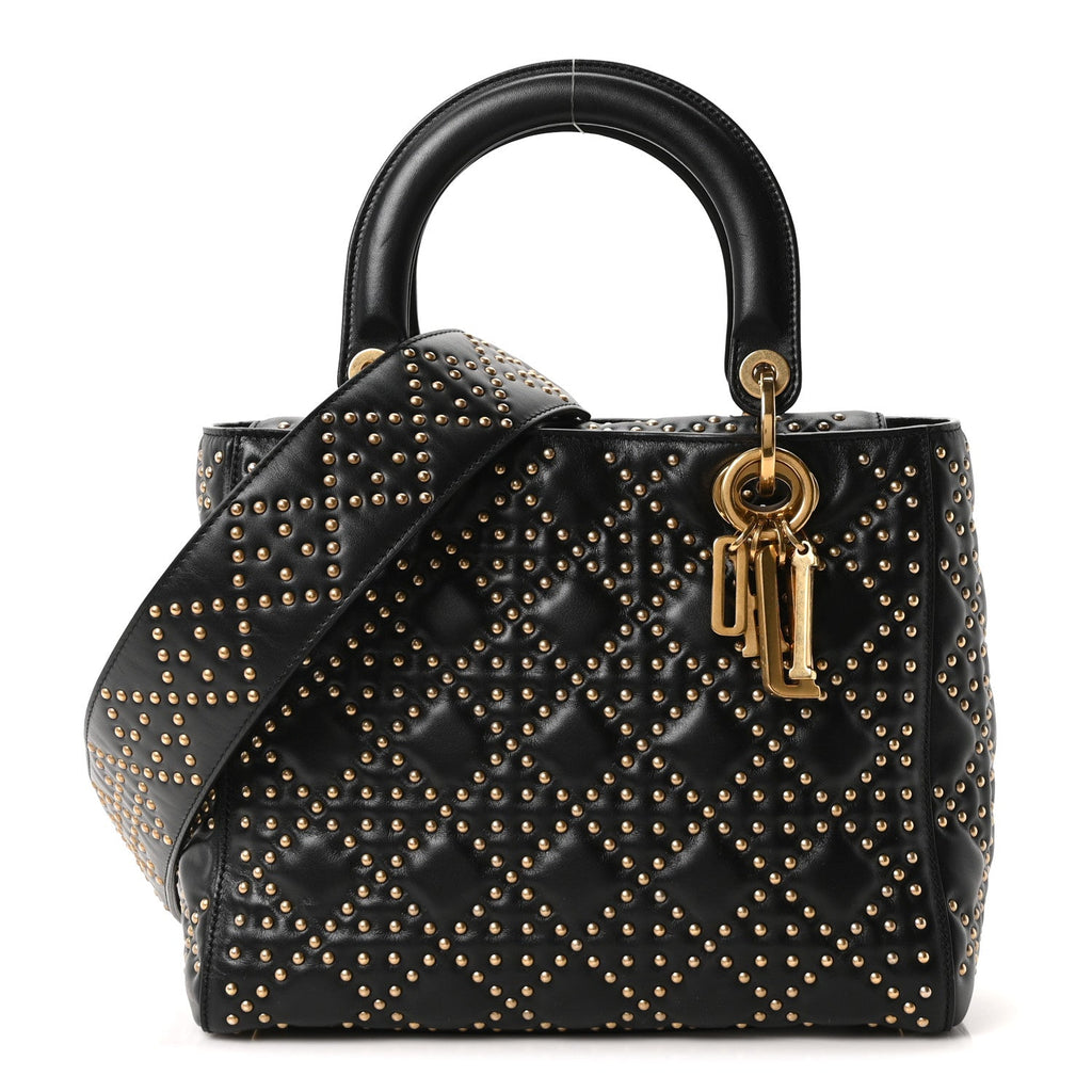 Calfskin Cannage Studded Medium Supple Lady Dior Black