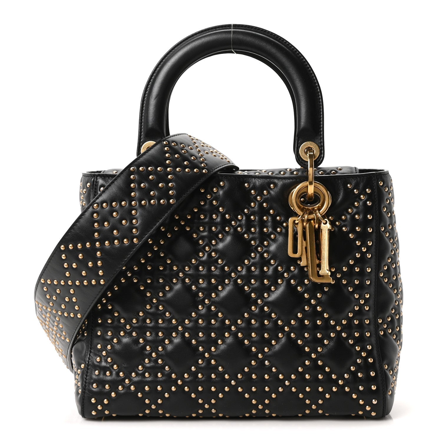 Calfskin Cannage Studded Medium Supple Lady Dior Black