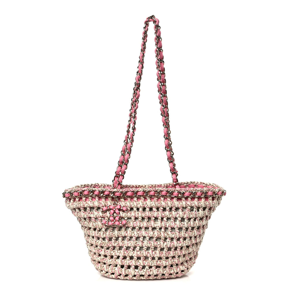 Mixed Fibers Calfskin Crochet Small Shopping Bag Beige Pink