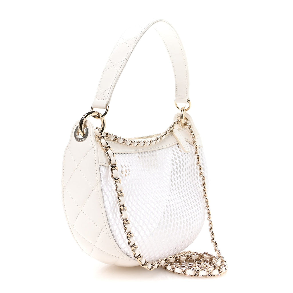 Mesh Shiny Lambskin Chain Hobo White
