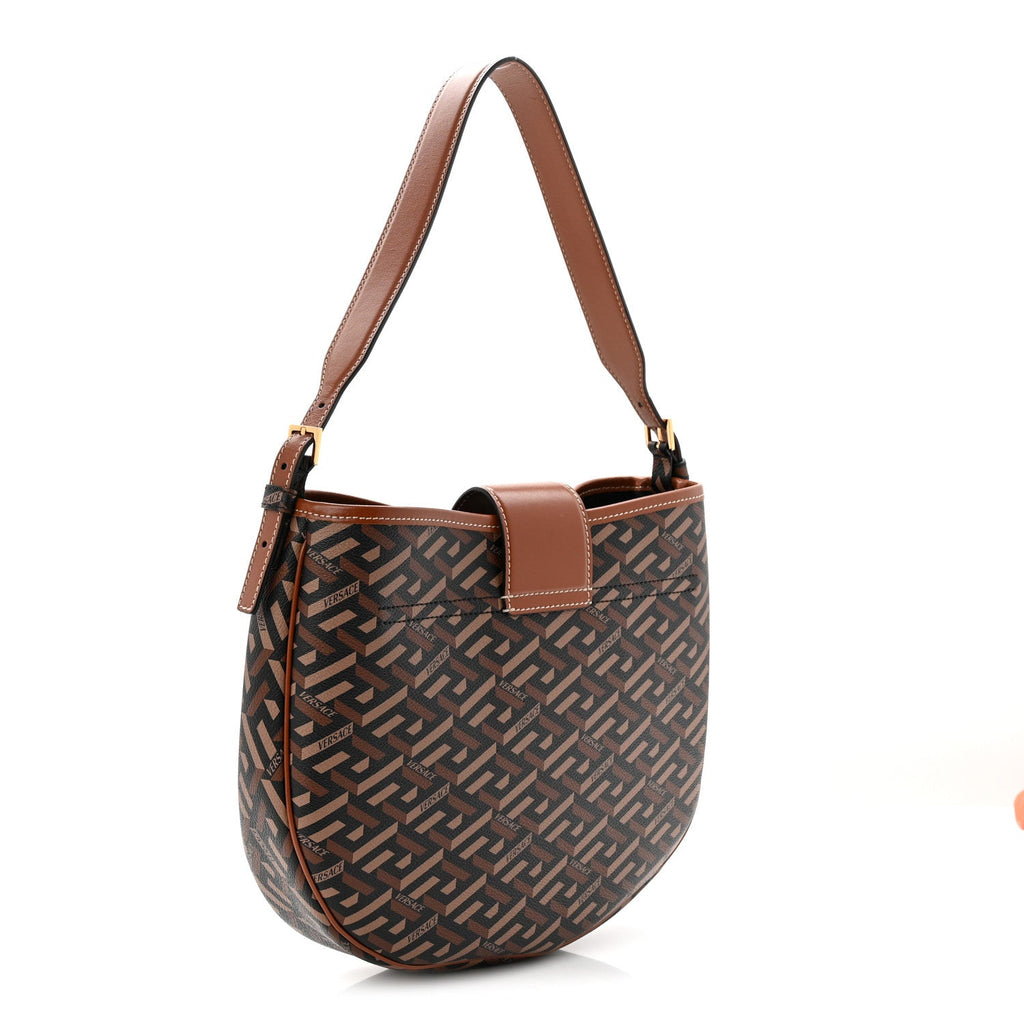 Coated Canvas Calfskin La Greca Signature Shoulder Bag Black Caramel
