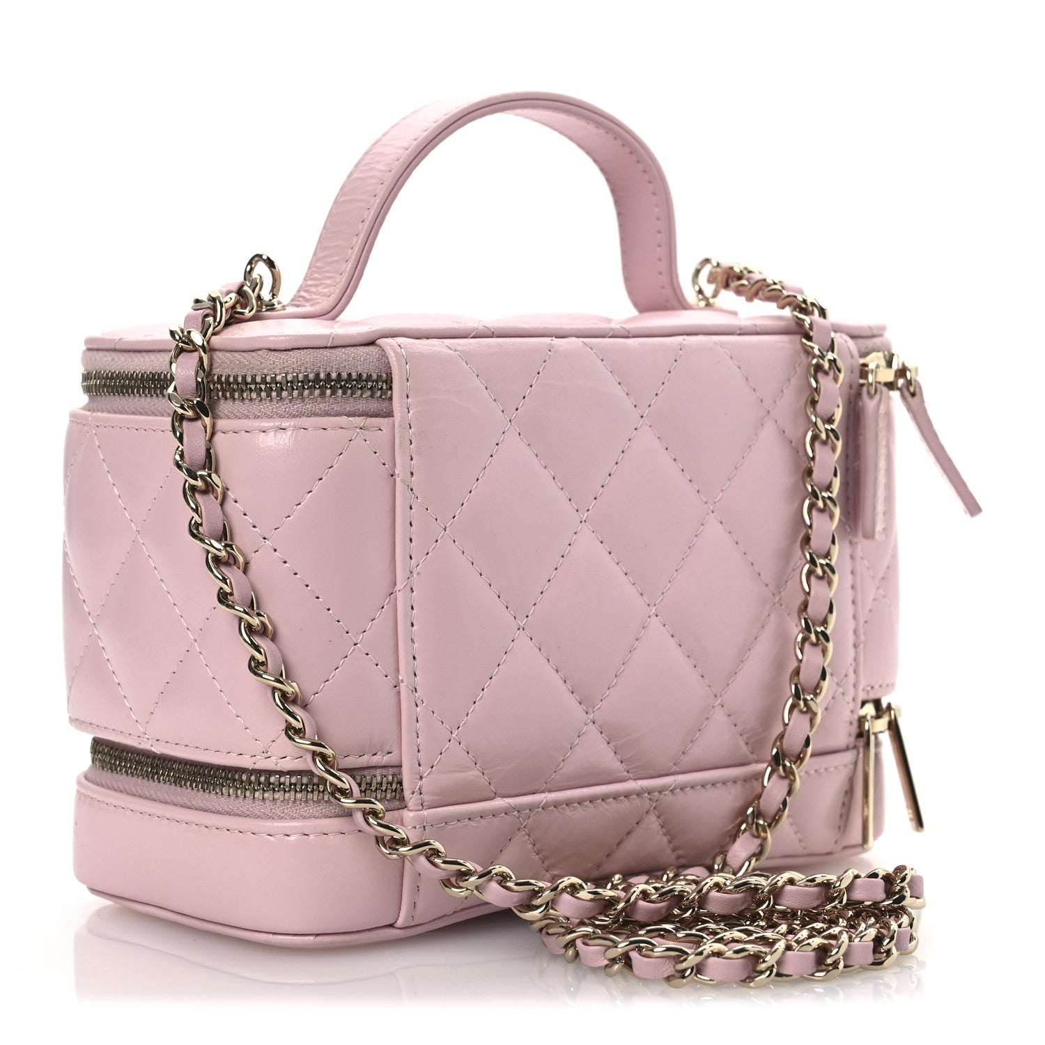 Shiny Lambskin Quilted Top Handle Vanity Case With Chain Pink