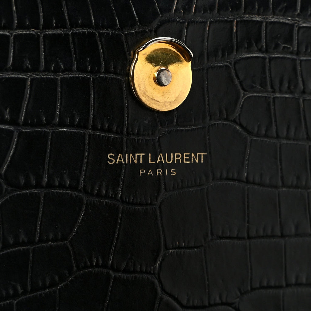 Calfskin Crocodile Embossed Medium Classic Monogram Kate Tassel Satchel Black