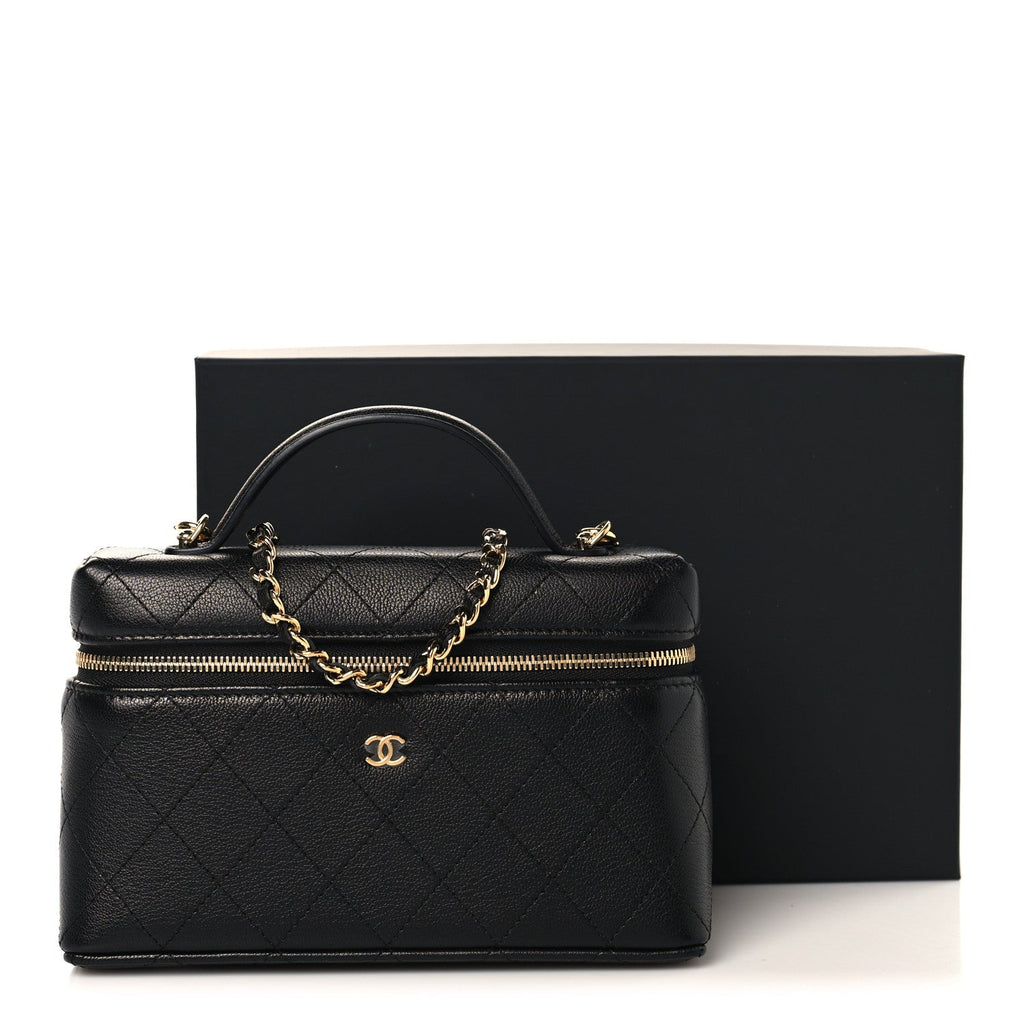 Goatskin Stitched Top Handle Slim Vanity With Chain Black