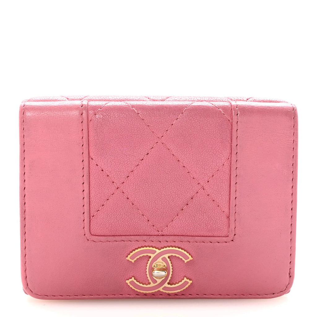 Sheepskin Quilted Vintage Mademoiselle Trifold Wallet Dark Pink