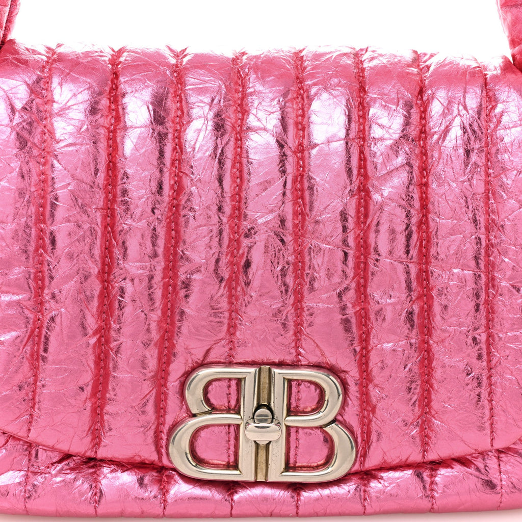 Metallized Crushed Calfskin Quilted Small Monaco Shoulder Bag Pink