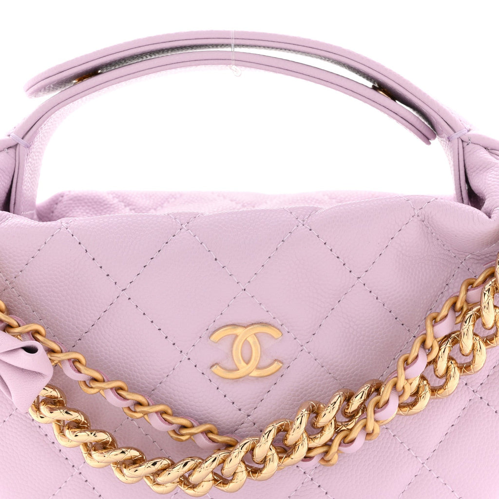 Shiny Caviar Quilted Bow Pouch Hobo Light Purple