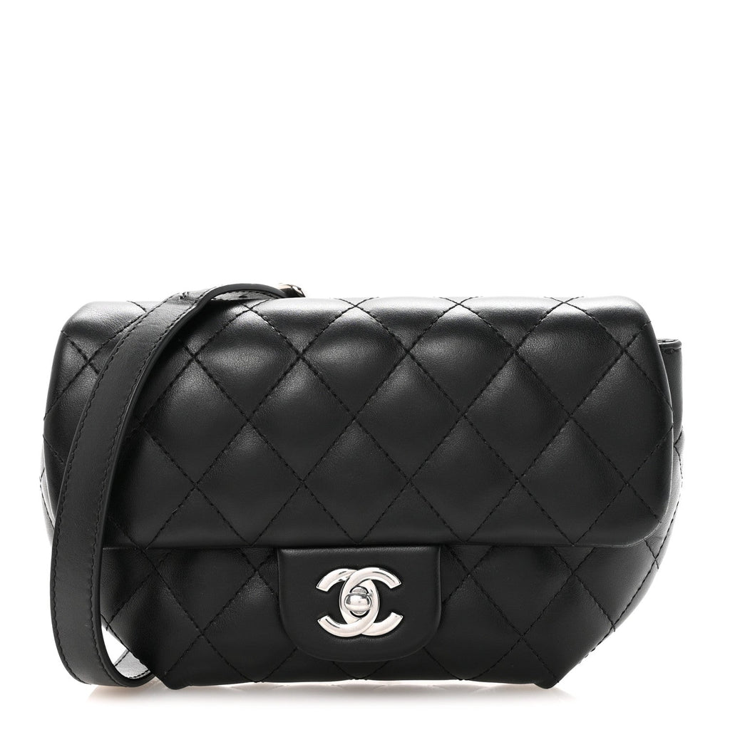 Calfskin Quilted CC Uniform Flap Belt Bag Black