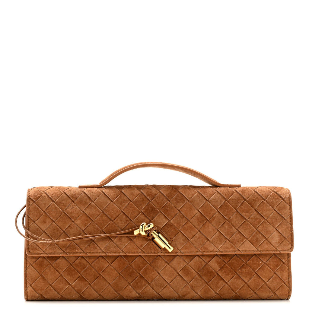 Suede Intrecciato Long Andiamo Top Handle Clutch Amber